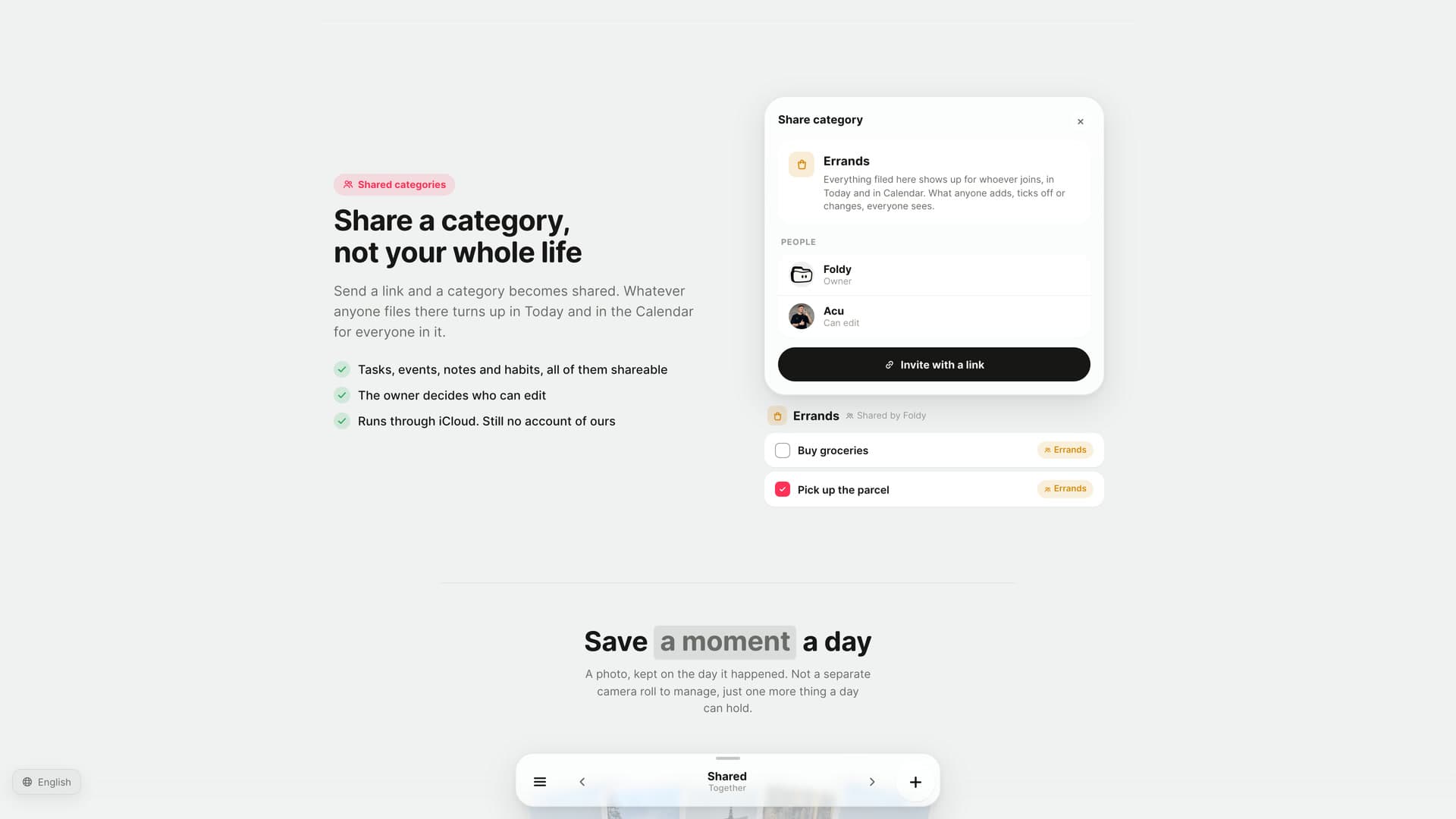 Shared categories, with the share sheet rebuilt in the page