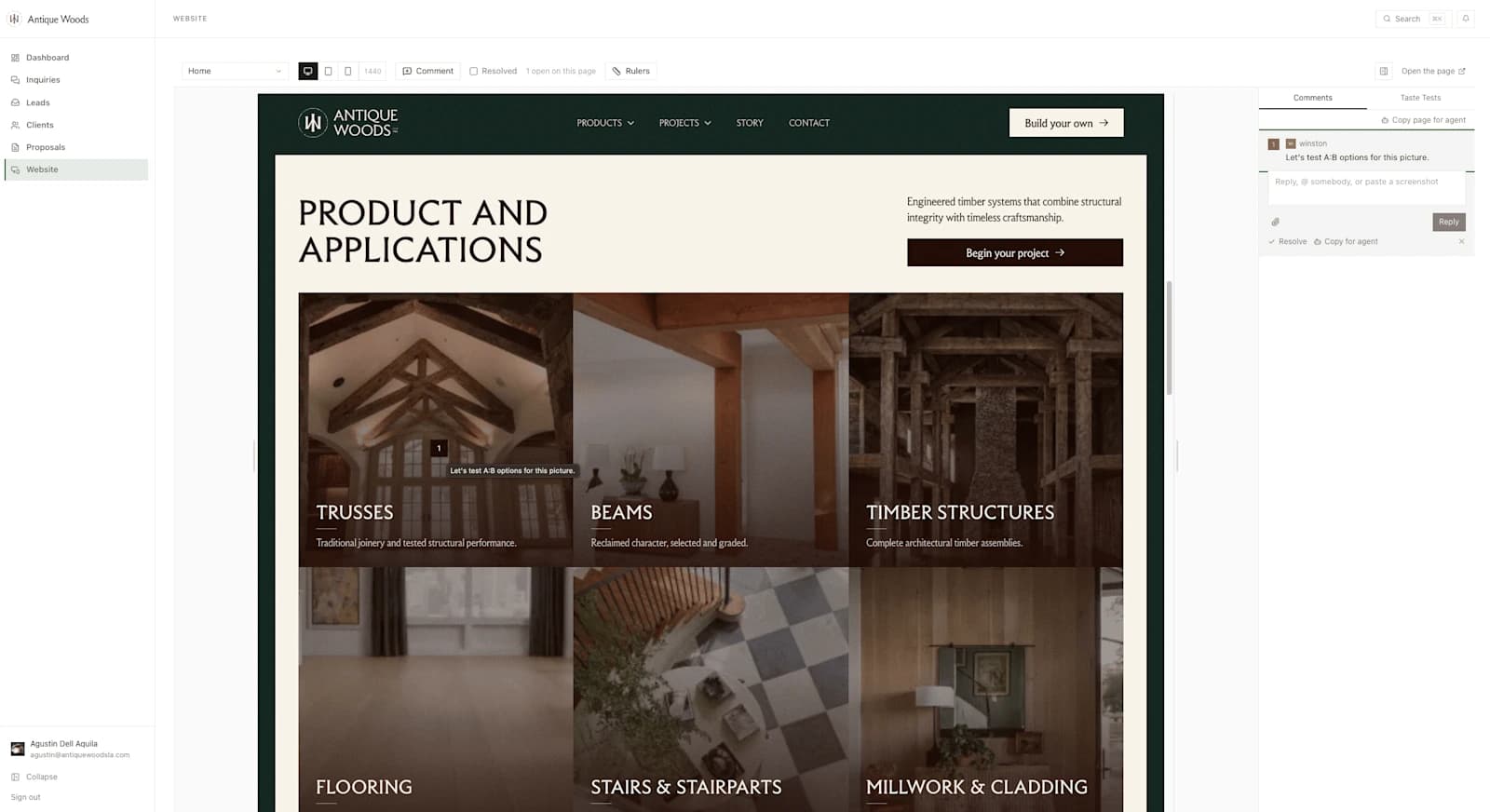 The live site open inside the OS, with comments pinned to it