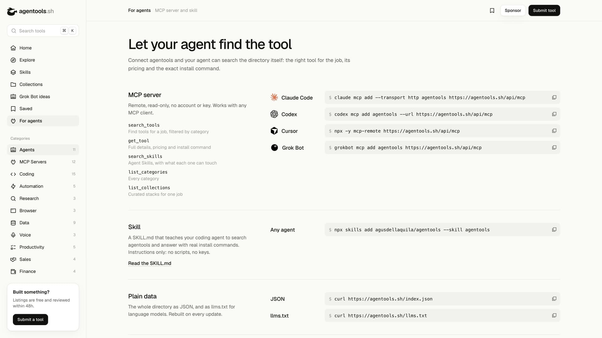 The For agents page, with the MCP server, the skill and the plain data