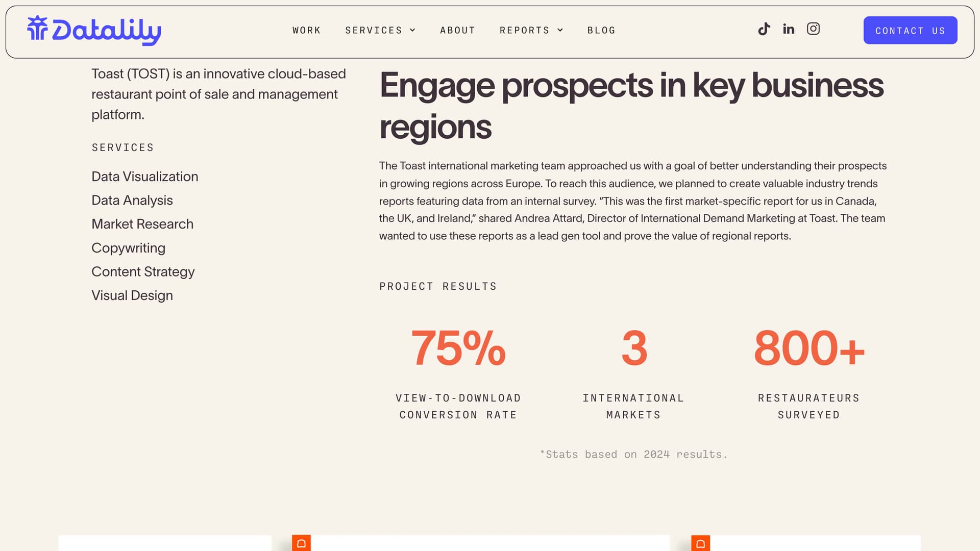 A case study page with the client, the services and the results
