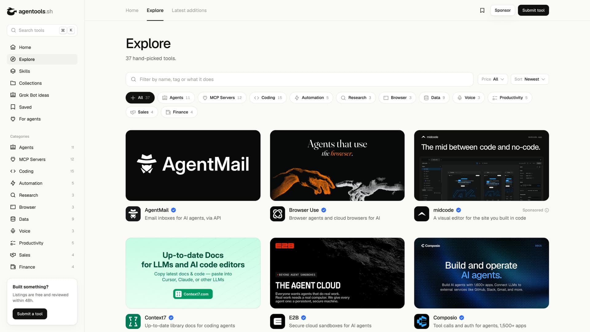 Explore: every tool as a card, with the filters and category chips