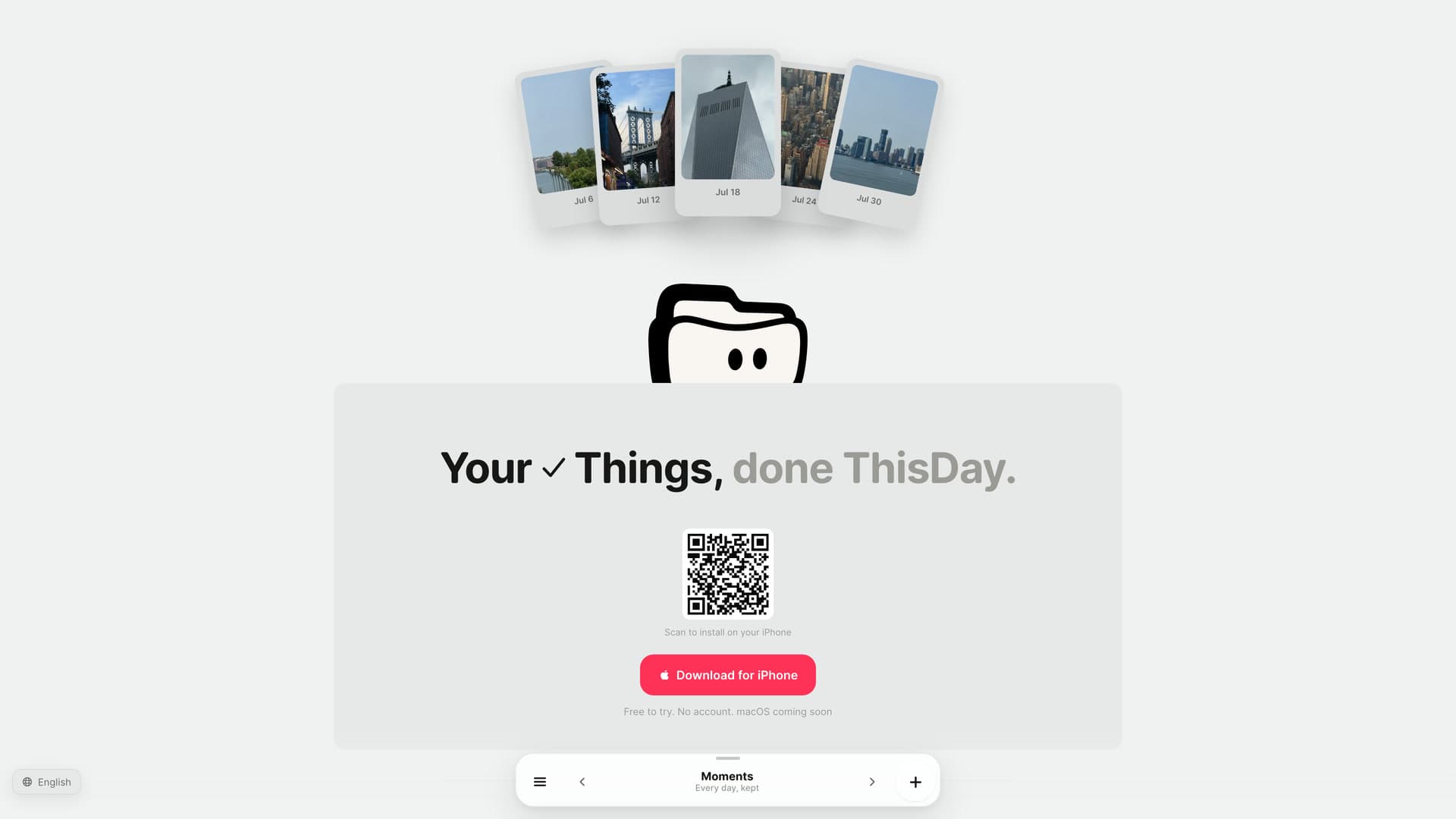 The Moments photo fan with one card lifted, above Foldy and the download block