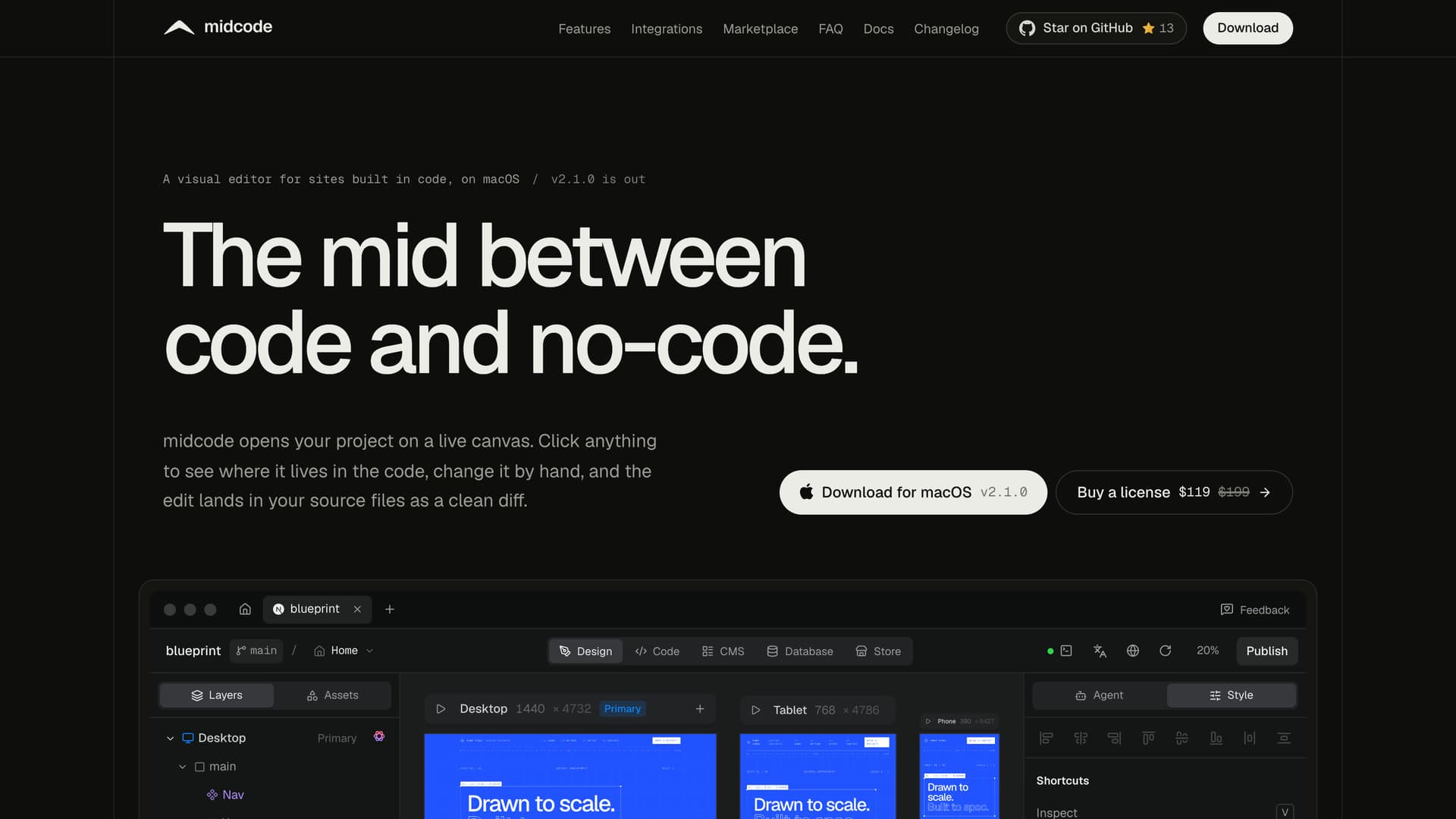 The midcode hero, with the editor rebuilt in the page