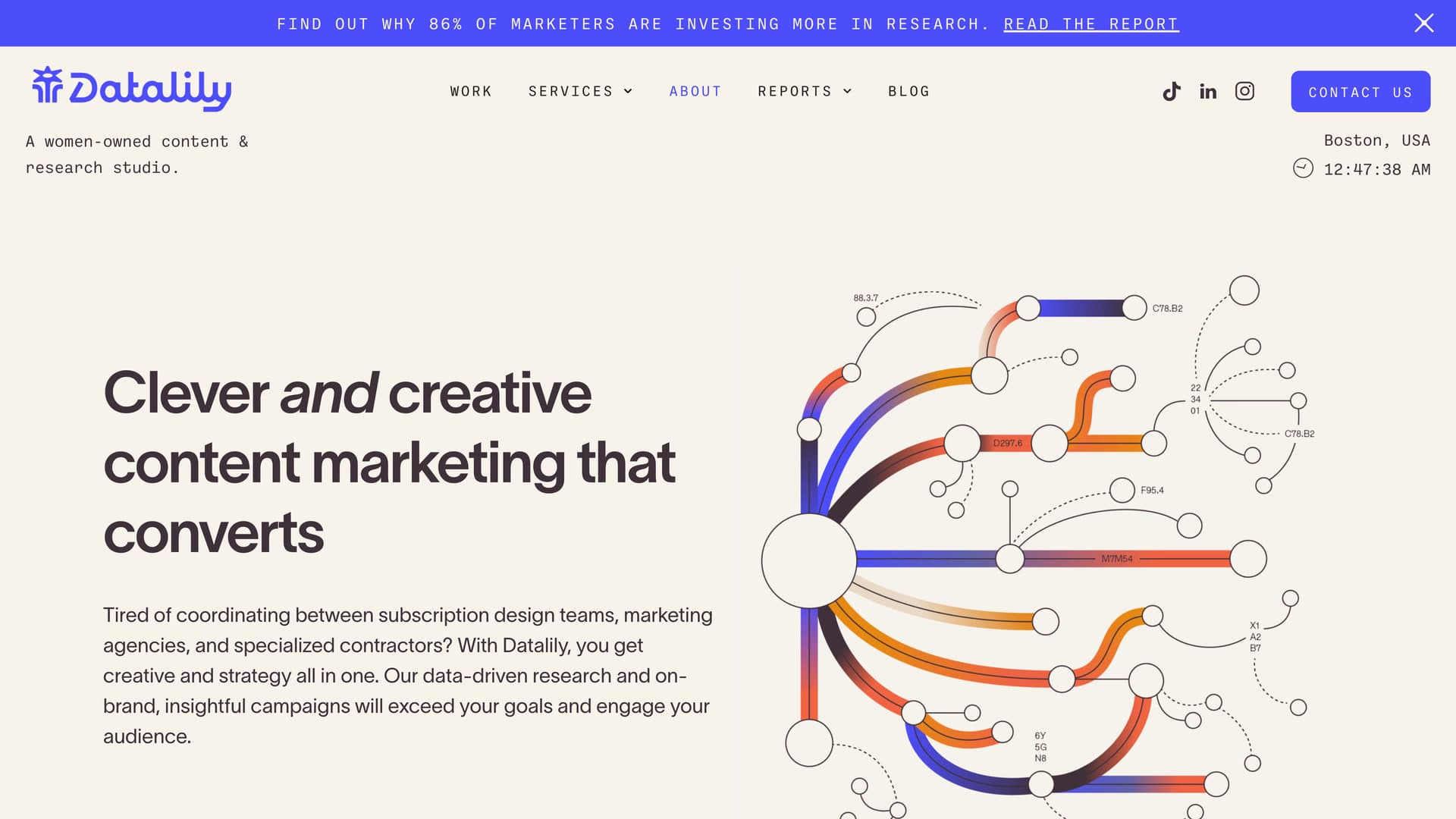 The About page hero and its branching illustration