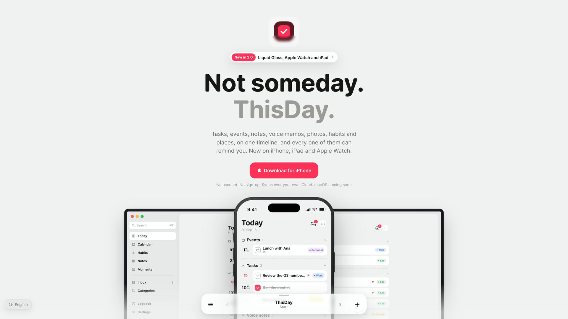 The hero: the headline over the app on iPhone, with the Mac and iPad behind it