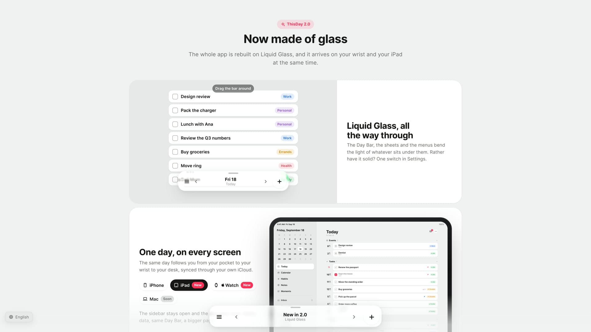 Now made of glass: the Liquid Glass Day Bar over a task list, and the device card