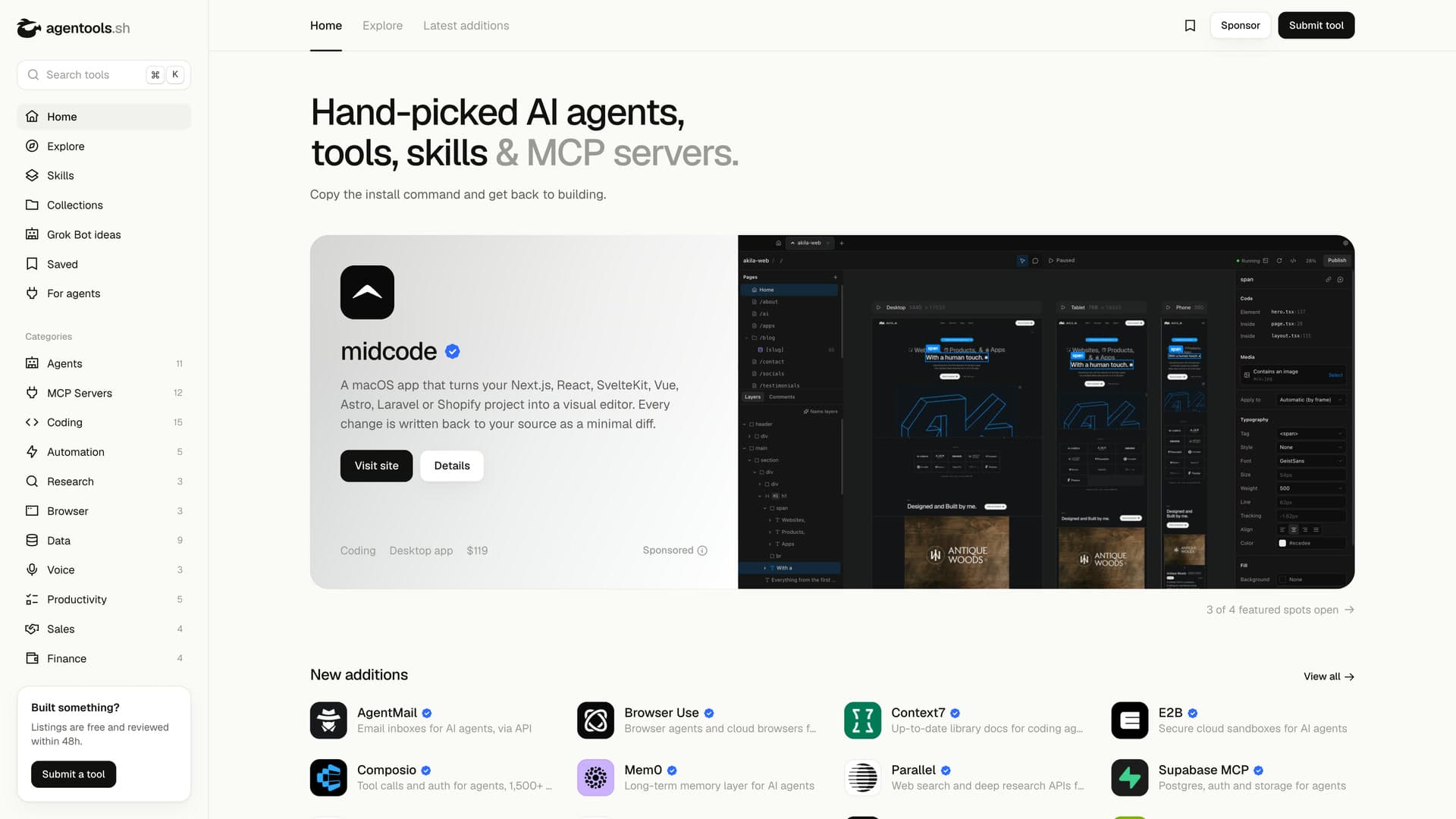 The home page: the headline, the featured slot and the newest tools