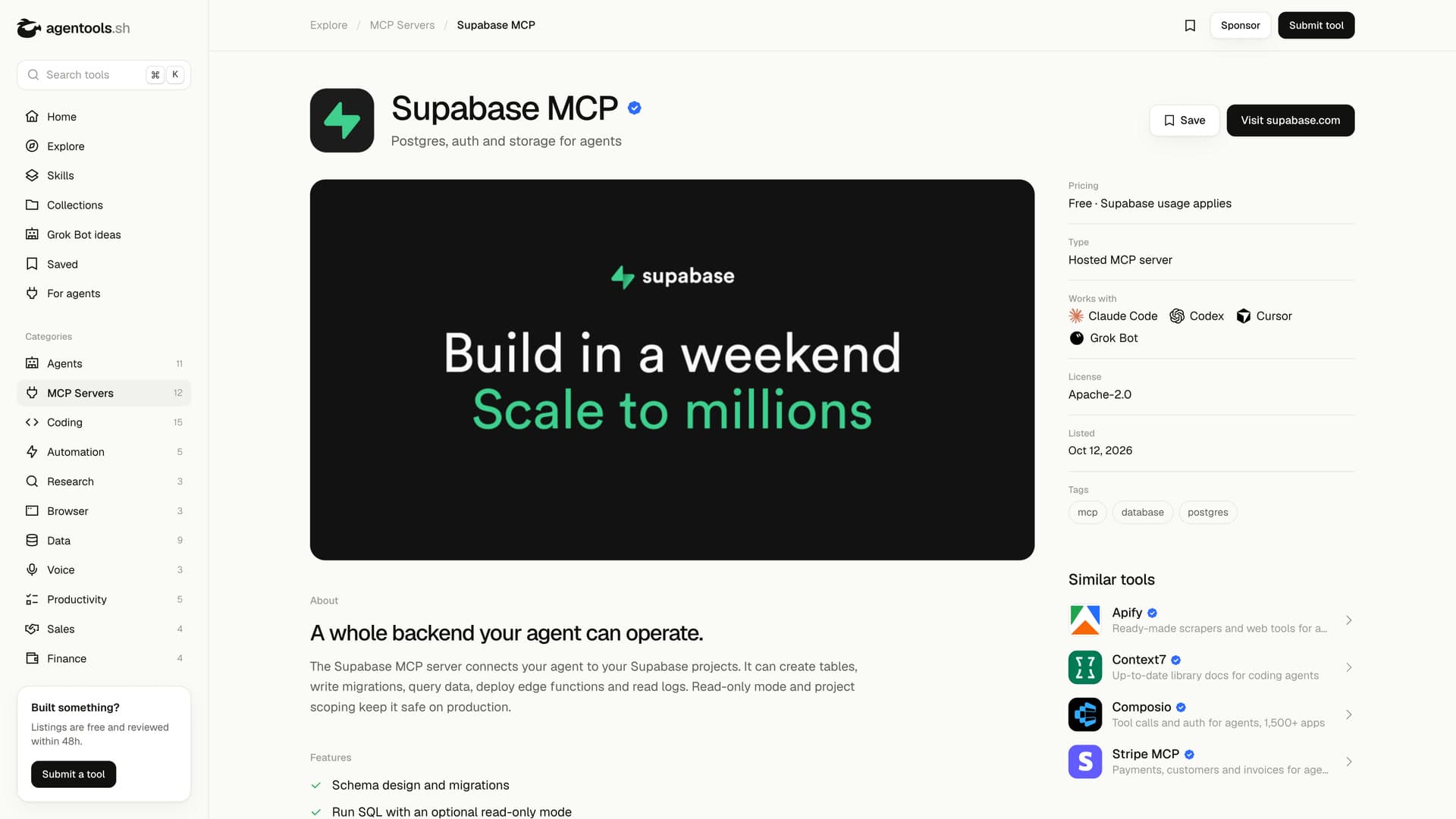 A tool page: what it does, pricing, licence and the agents it works with